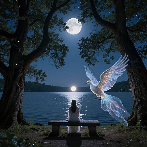 Moonlit night by lake, woman sitting on bench, ethereal white dove with glowing feathers flying nearby, trees framing view, full moon and stars in