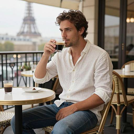 Photograph of a handsome, curly-haired man in a white button-up shirt and blue jeans, sipping coffee at a café table.
