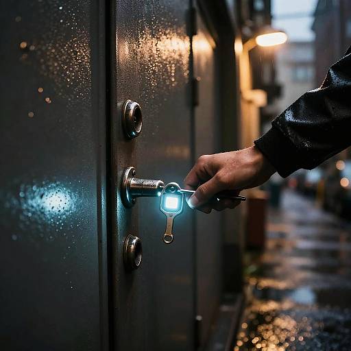 Photograph of a hand with a flashlight unlocking a wet, metallic door in a rain-soaked, dimly lit urban alley.