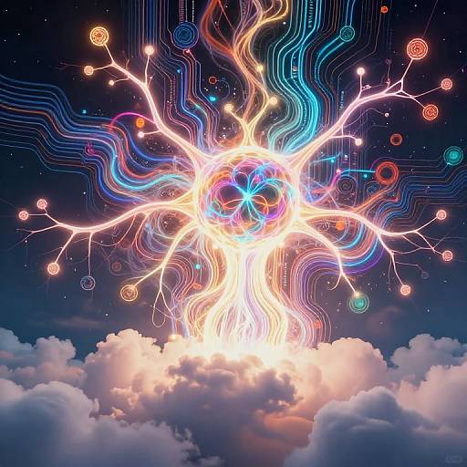 Digital artwork of a radiant, glowing, tree-like structure with colorful, wavy lines and circular nodes against a twilight sky and fluffy clouds.