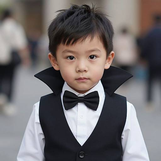 Photograph of an Asian toddler with black hair, wearing a black vest, white shirt, and black bow tie, standing outdoors with a blurred urban background