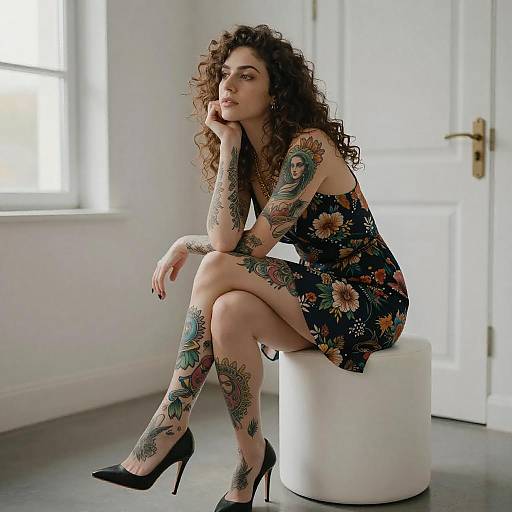 Tattooed Woman Sitting Thoughtfully