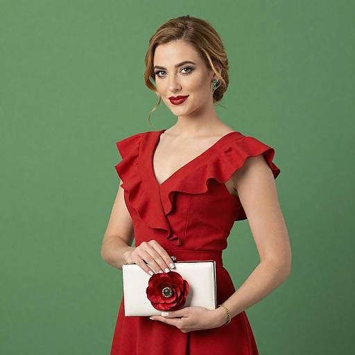 Elegant Woman in Ruffled Red Dress
