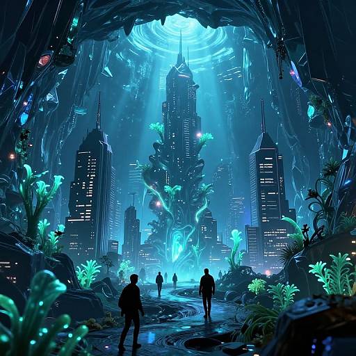 Cyberpunk cityscape in a glowing blue cave, three silhouetted figures walk towards futuristic skyscrapers with bioluminescent plants and