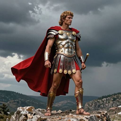 Photograph of a muscular, curly-haired man in ancient Roman armor with red cape, standing on rocky terrain under stormy sky.