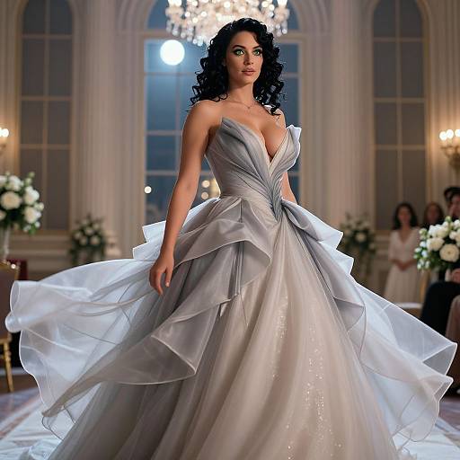 Photograph of a curly-haired woman in a silver, strapless, voluminous ball gown with a deep V-neck, standing in an elegant, ch