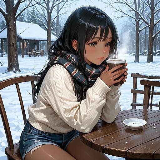Dark-Skinned Woman Enjoying Hot Drink in Winter Outdoors