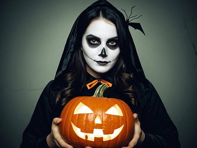 Photograph of a woman with white face paint, black lipstick, long black hair, holding a glowing jack-o'-lantern against a dark, gradient