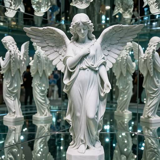Photograph of a white marble angel statue with large wings, draped in flowing robes, standing in a mirrored gallery with reflections of other similar statues.