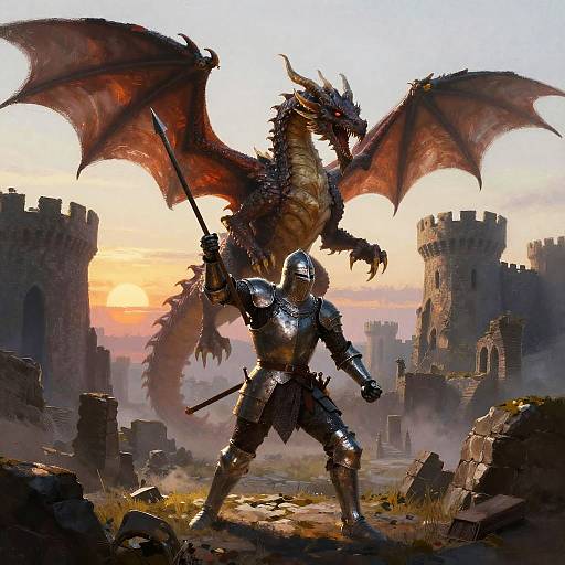 Knight Charging Dragon at Ancient Ruins