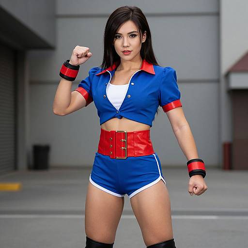Digital artwork of a fierce woman with long black hair, wearing a blue crop top, red corset, blue shorts, and black gloves, punching in