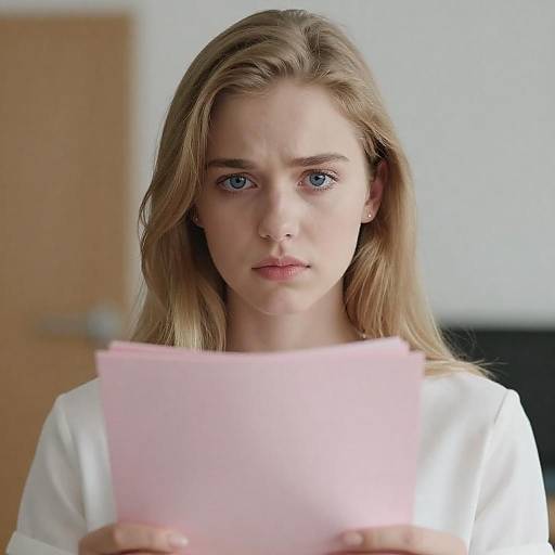 Serious Young Woman with Pink Papers