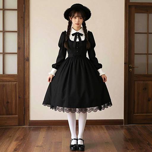 Photograph of a young Asian woman in a black gothic Lolita dress with lace trim, white stockings, and black Mary Jane shoes, standing in