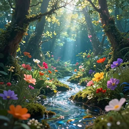 Dreamy forest scene with sunlight filtering through trees, colorful flowers lining a winding, reflective stream, and lush greenery. Digital art.