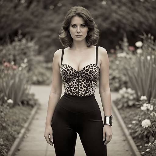 Photograph of a confident woman with wavy brown hair, wearing a leopard-print tank top and black high-waisted pants, standing on a garden