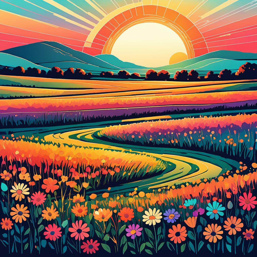 Nostalgic Hand-Drawn Sunset with Wildflowers