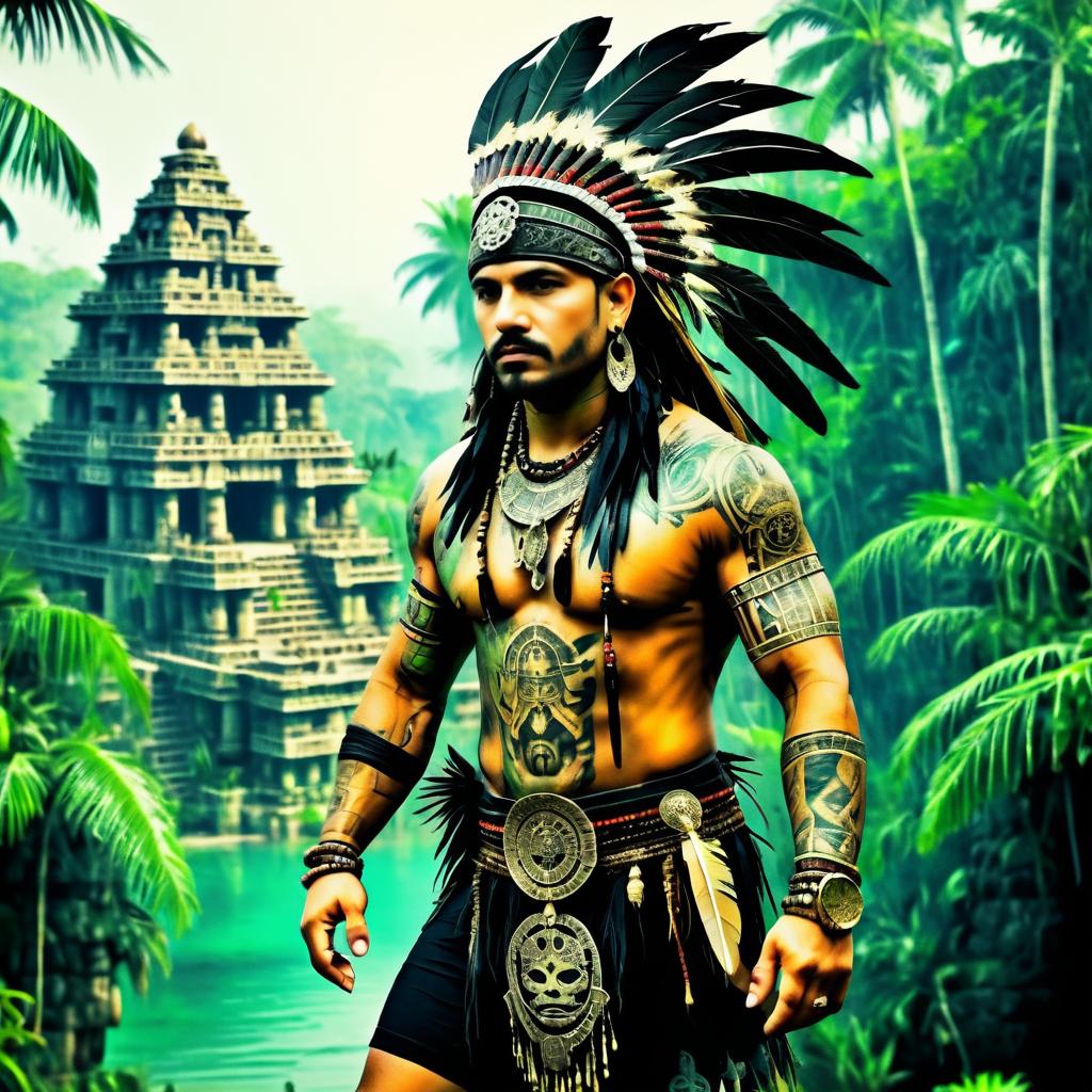 Aztec Warrior in Lush Jungle Setting