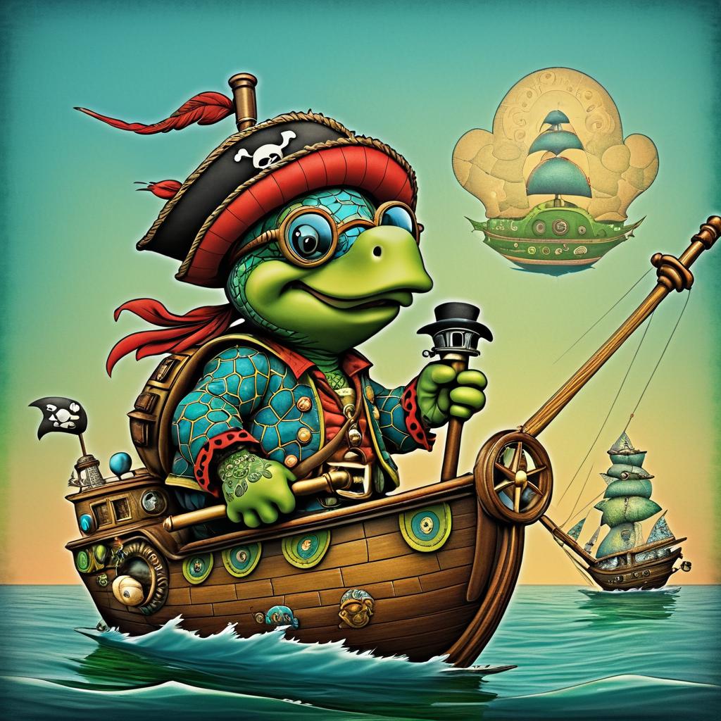 Whimsical Pirate Turtle on a Tiny Ship