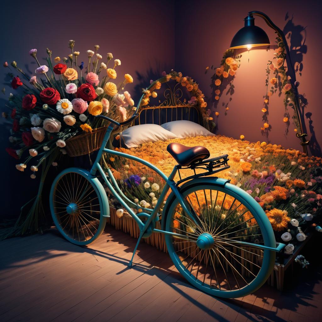 Surreal Bicycle of Flowers in Bed