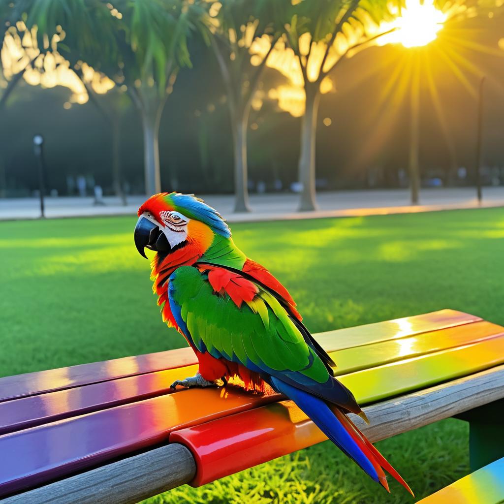 Colorful Parrot at Sunset on Bench