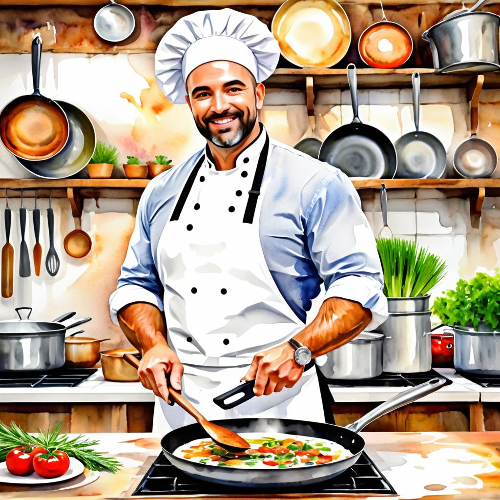 Watercolor Chef in Rustic Kitchen