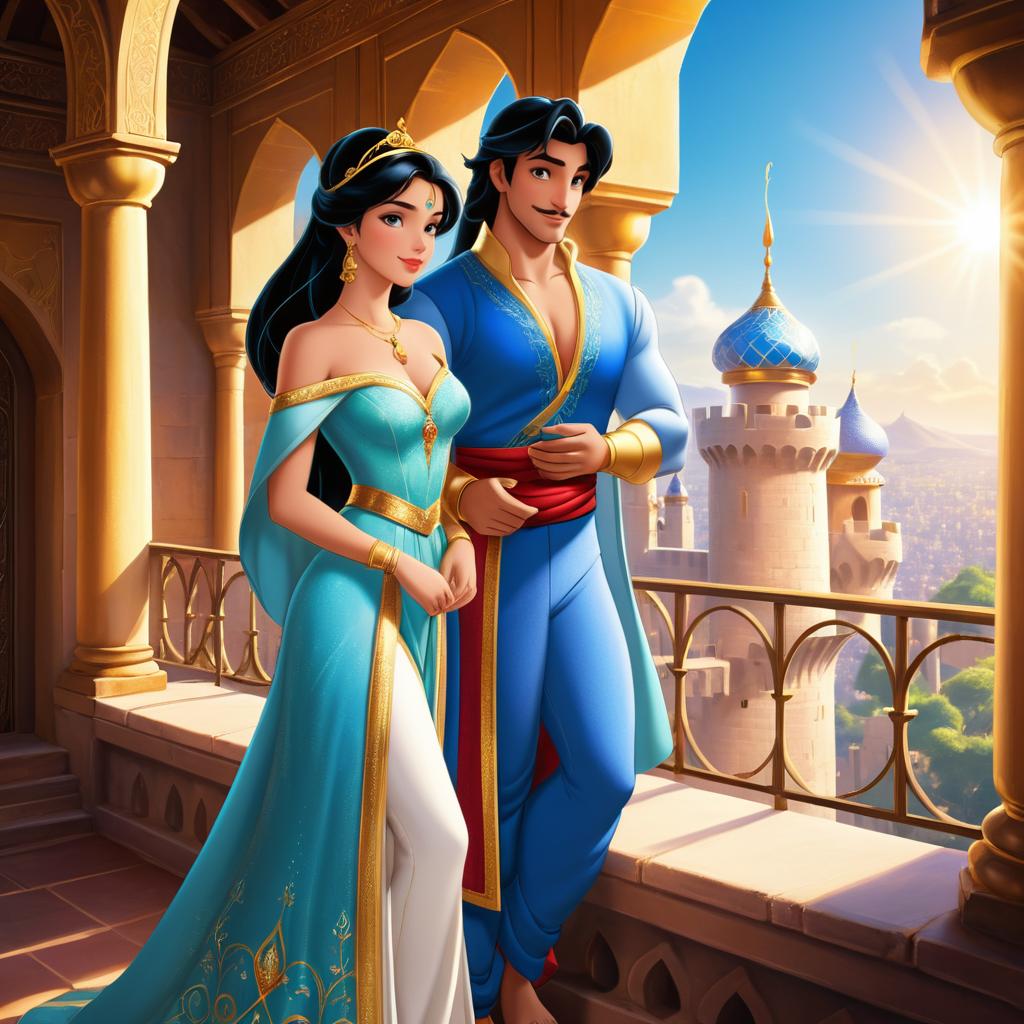 Elegant Aladdin and Jasmine on Castle Balcony