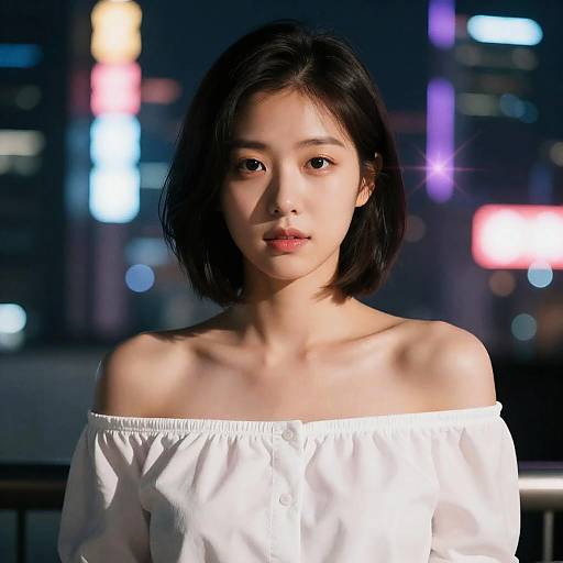 Young Woman in White Off-Shoulder Blouse at Night