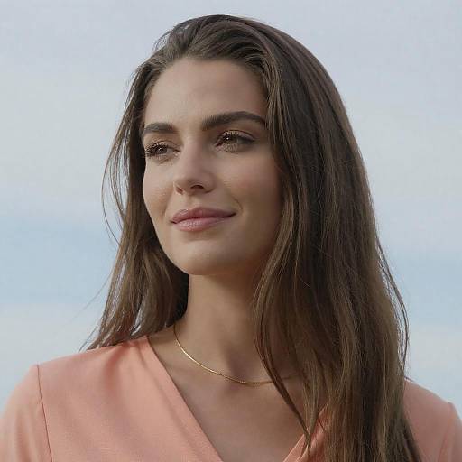 Contemplative Woman in Peach Top