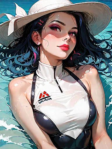 Woman in black halter neck swimsuit with fedora hat