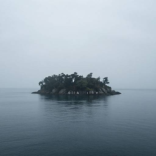 Photograph of a small, tree-covered island in calm, blue ocean with a foggy, white sky, featuring the watermark 