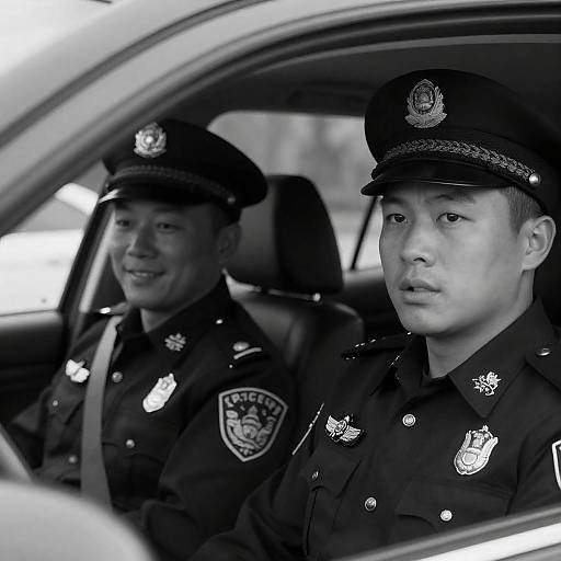 Two Male Police Officers in Patrol Car