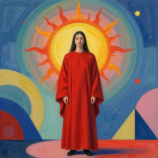 Photograph-style digital art of a young woman with long black hair in a red robe, standing before a glowing, colorful sun backdrop with abstract blue,