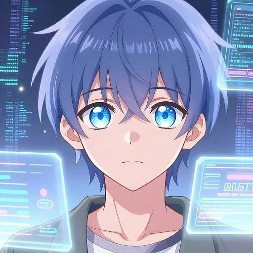 Anime-style digital drawing of a young boy with blue hair and glowing blue eyes, surrounded by neon-lit computer screens.