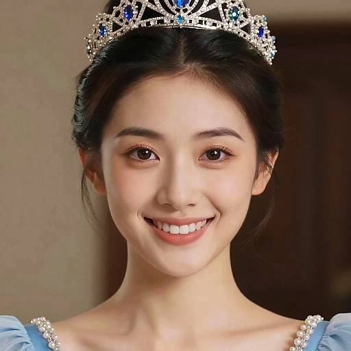 Photograph of an Asian woman with fair skin, dark hair in a bun, wearing a sparkling tiara with blue gems, smiling brightly, and dressed