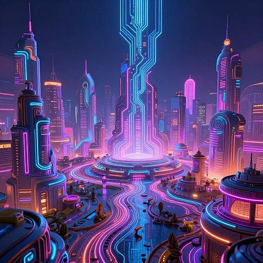 Neon-lit futuristic cityscape with vibrant blue, pink, and purple lights on towering skyscrapers, winding illuminated roads, and small figures below
