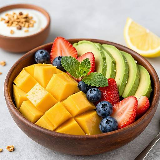Photograph of a wooden bowl filled with mango cubes, sliced avocado, strawberries, blueberries, and mint, with a small bowl of yogurt in the