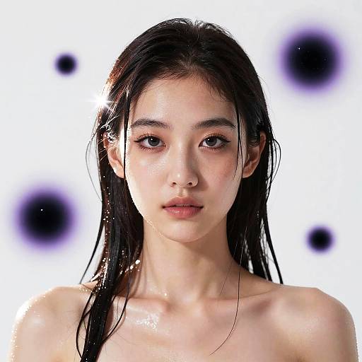 Photorealistic portrait of a young Asian woman with wet, dark hair, bare shoulders, and a neutral expression against a white background with black, out