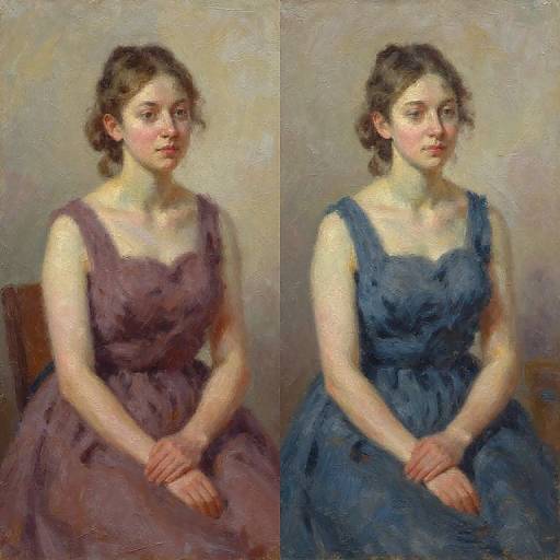 Impressionist painting of a young woman with fair skin and brown hair, wearing a purple and blue dress, seated against a beige background, showing slight