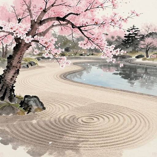 Digital artwork of a serene Japanese garden with a cherry blossom tree, raked sand, rippling water, and rocks, bathed in soft light.