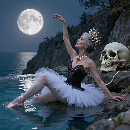 Photograph of a pale ballerina with silver hair, black corset, white tutu, crown, and pearl necklace, sitting in moonlit
