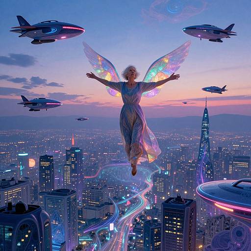 Digital artwork of a glowing angel with colorful wings floating above a neon-lit futuristic cityscape, surrounded by flying saucers.