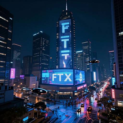 Nighttime cityscape photograph of a bustling urban intersection with neon-lit skyscrapers, including a central building displaying 