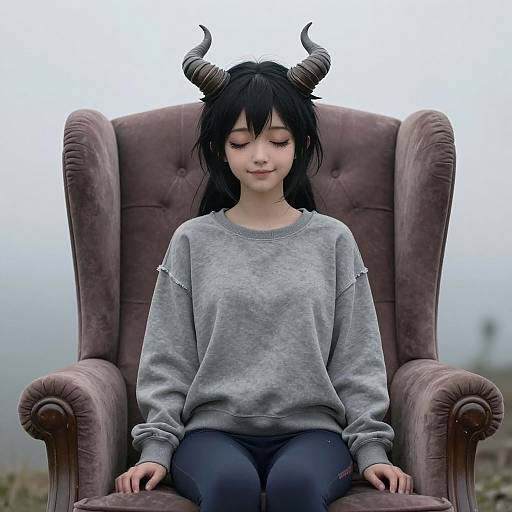 Photograph of a young girl with black hair, small black horns, gray sweatshirt, and blue jeans, sitting calmly on a large brown velvet arm