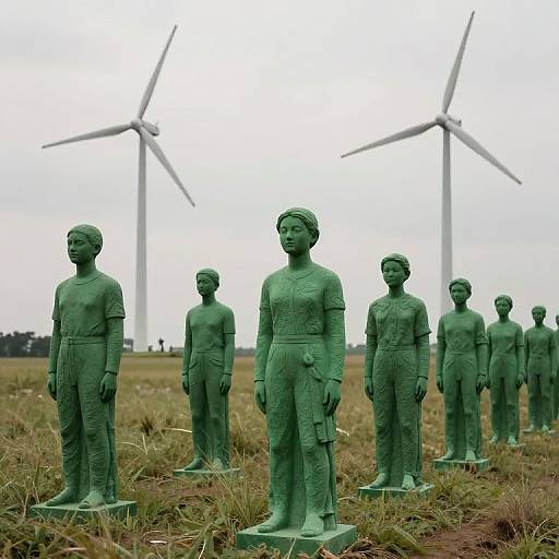 Photograph of green, life-sized, statue-like figures standing in a grassy field with two large wind turbines in the background. Overcast sky.