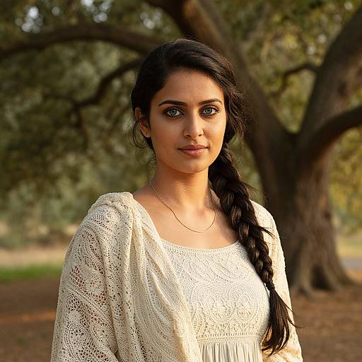 Photograph of a young South Asian woman with dark hair in a braid, wearing a white lace top, standing in a sunlit forest.