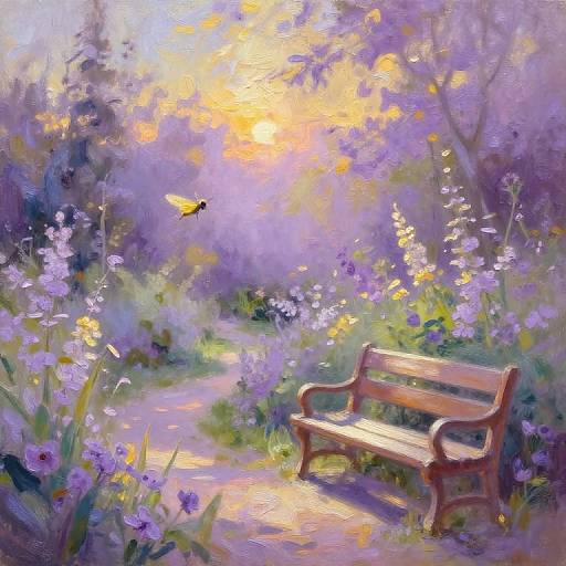 Impressionist painting of a wooden bench in a sunlit, purple-hued garden with blooming flowers, a fluttering butterfly, and a glowing