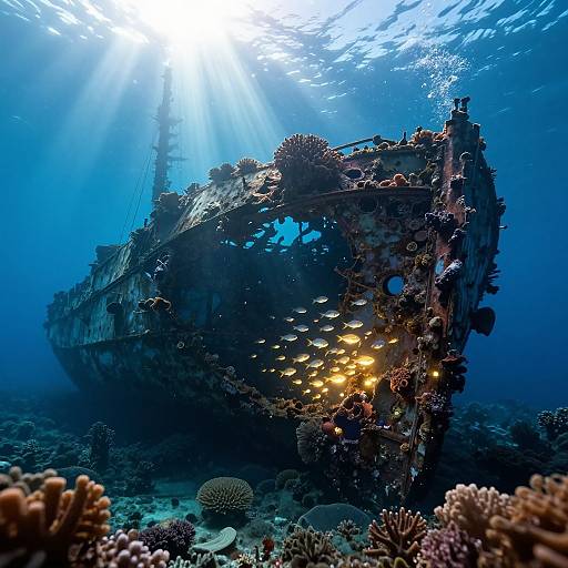 Photograph of a sunlit, rusted shipwreck covered in coral and surrounded by schools of small fish, underwater, with light rays penetrating the