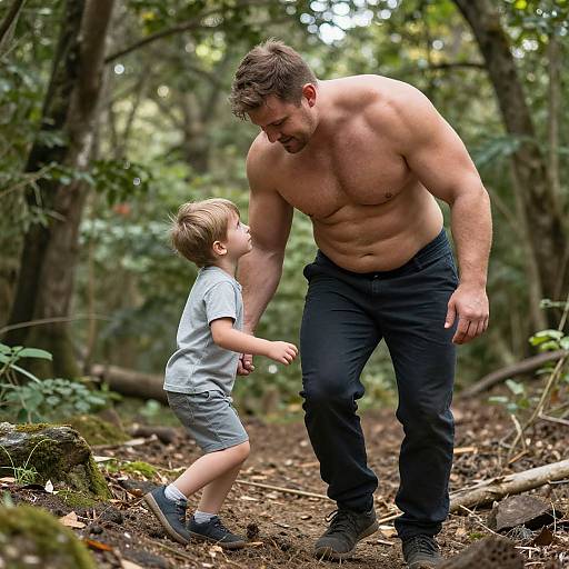 Photograph of a muscular, shirtless man in dark pants, bending down to help a young boy in a white shirt and gray shorts on a forest