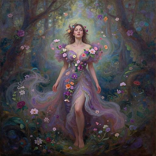 Surreal Woman in Enchanted Floral Forest