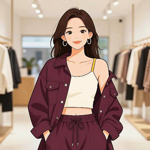 Digital anime-style drawing of a smiling young woman with long brown hair, wearing a white crop top, purple jacket, and matching pants, standing in a
